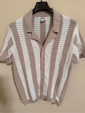 William Rast Taupe and White Striped Short-Sleeve Crochet Knit Button-Up Shirt